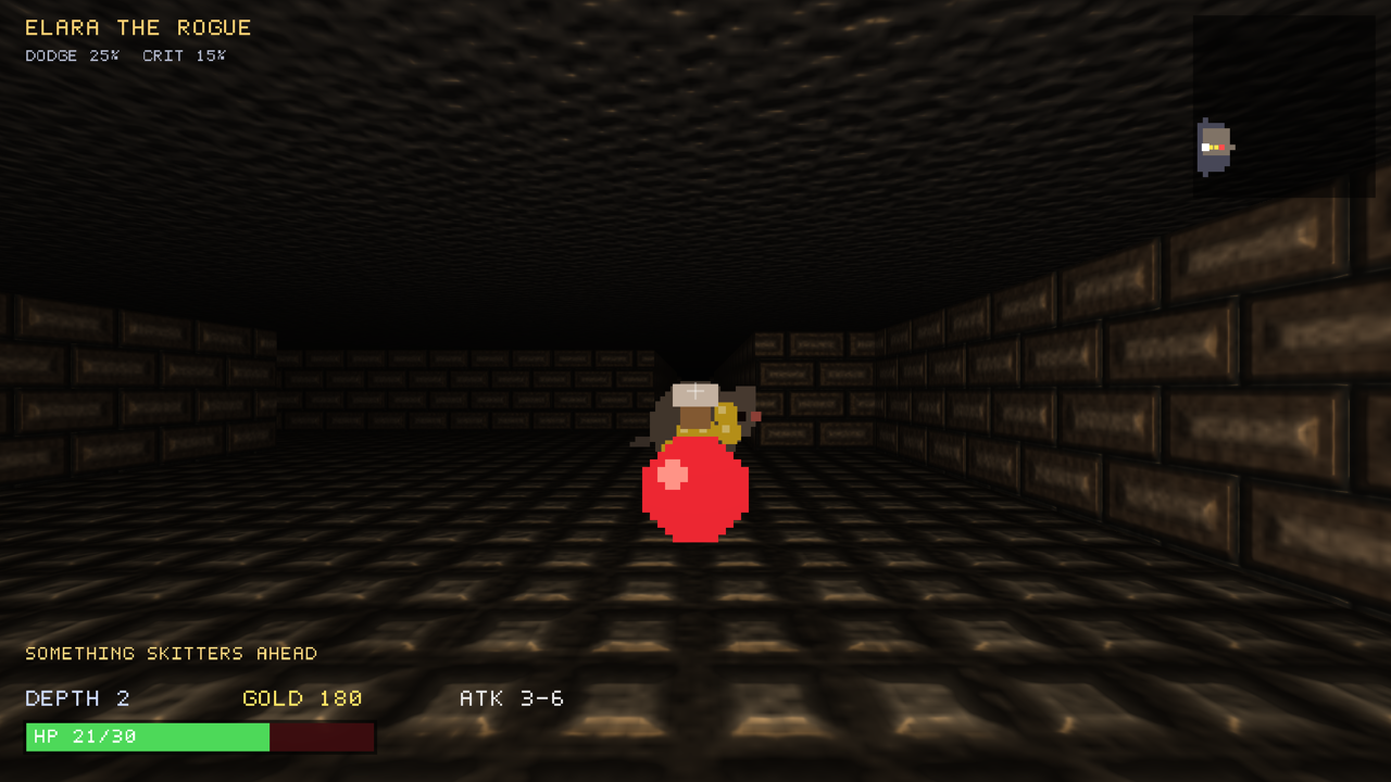 A torch-lit dungeon corridor with a rat and a red potion ahead.
