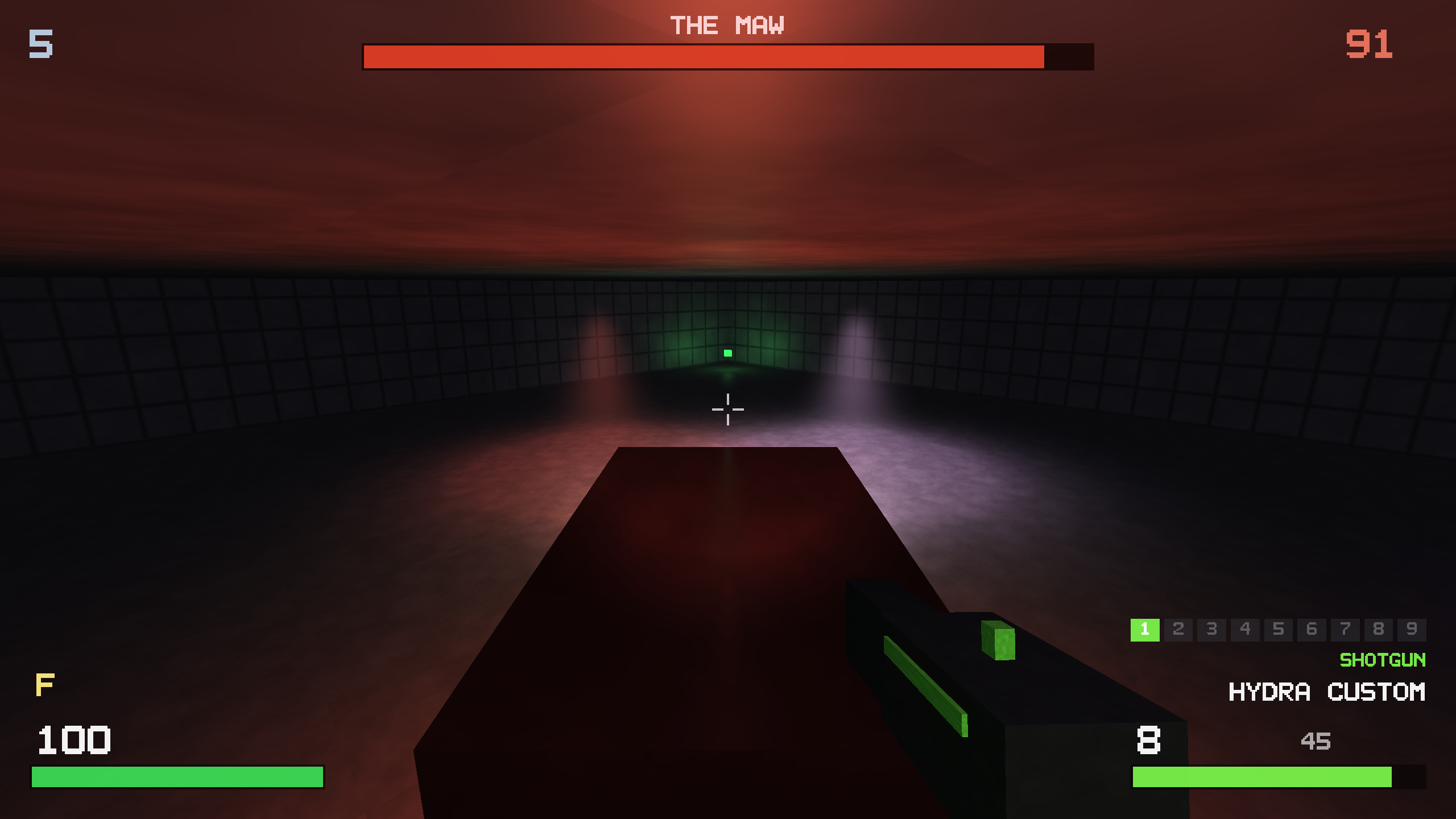 A red-lit boss arena with THE MAW health bar across the top and a green exit pad glowing in the distance.