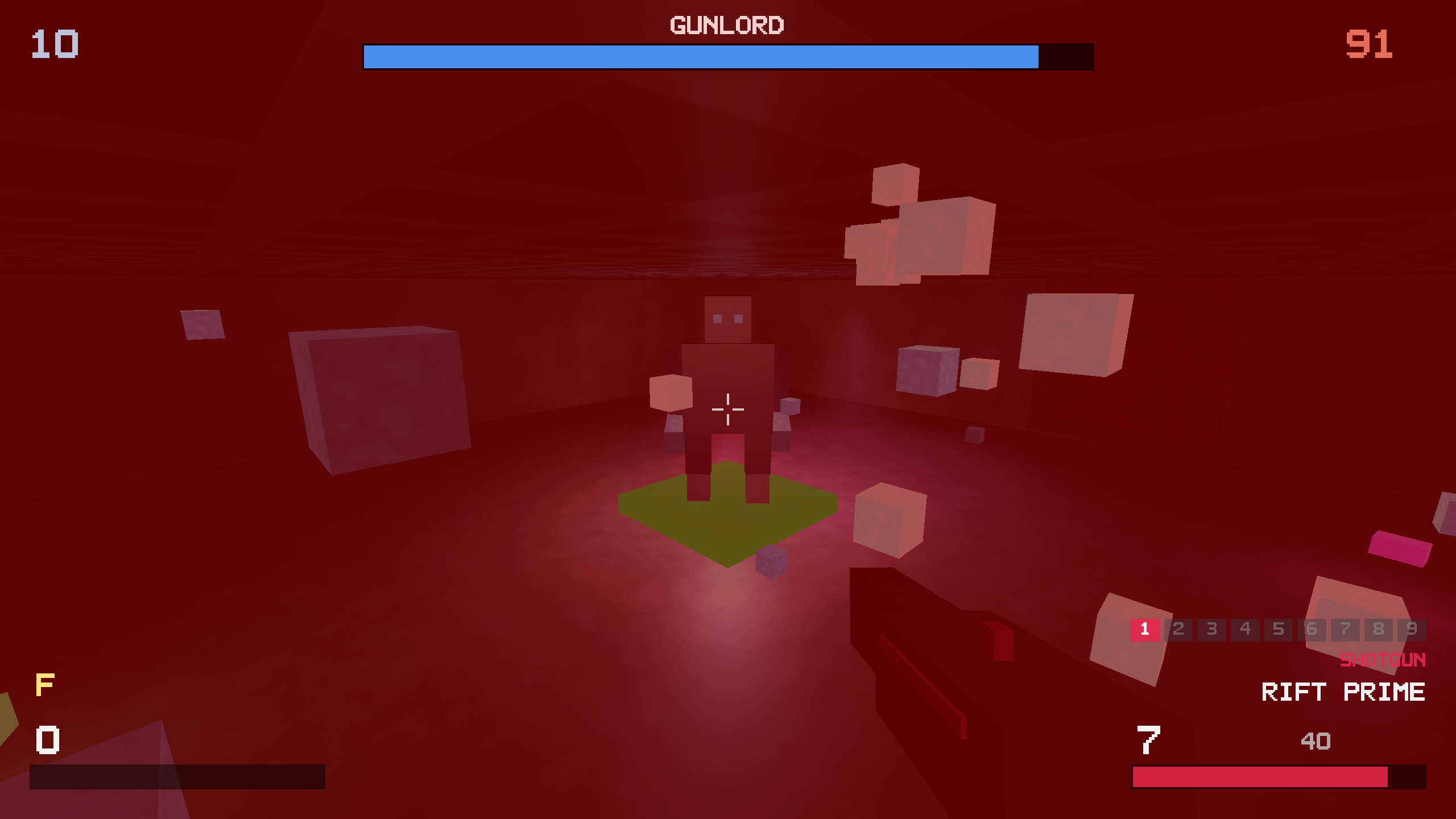 The GUNLORD boss stands on a green pad amid a storm of floating debris, the whole screen tinted red from taking damage.