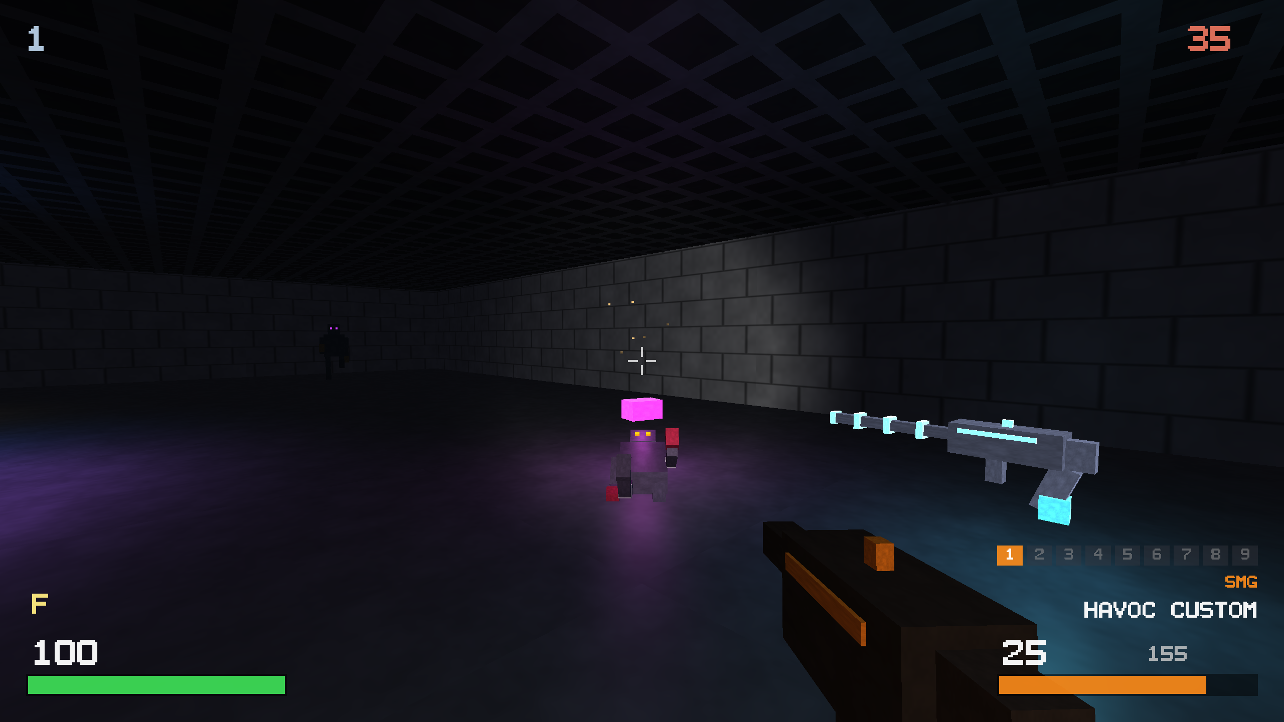First-person view down an SMG named HAVOC CUSTOM at a floater monster with a glowing pink head; a sniper-rifle pickup spins in the air to the right.