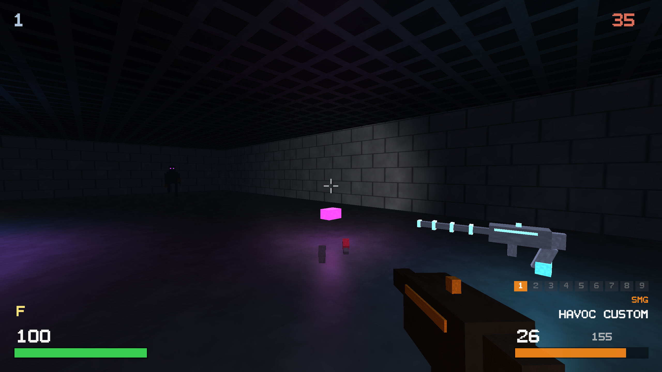 A distant monster across a dark room, a magenta ammo cube and a red health cube on the floor, sniper pickup floating right.