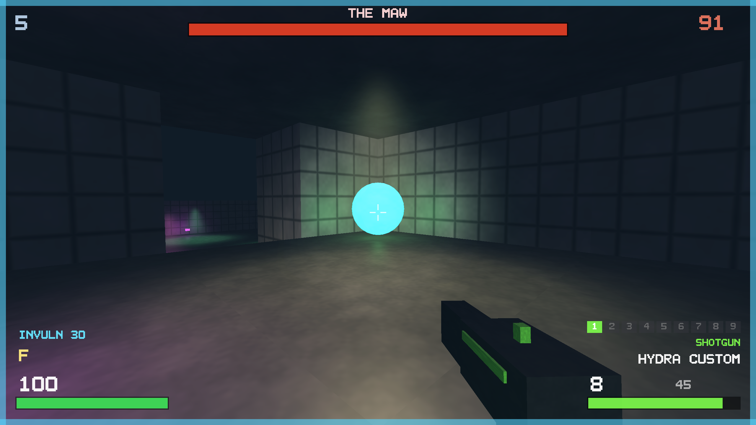 A glowing cyan invulnerability sphere floats in a boss arena, with a pulsing cyan screen border and an INVULN 30 countdown on the HUD.