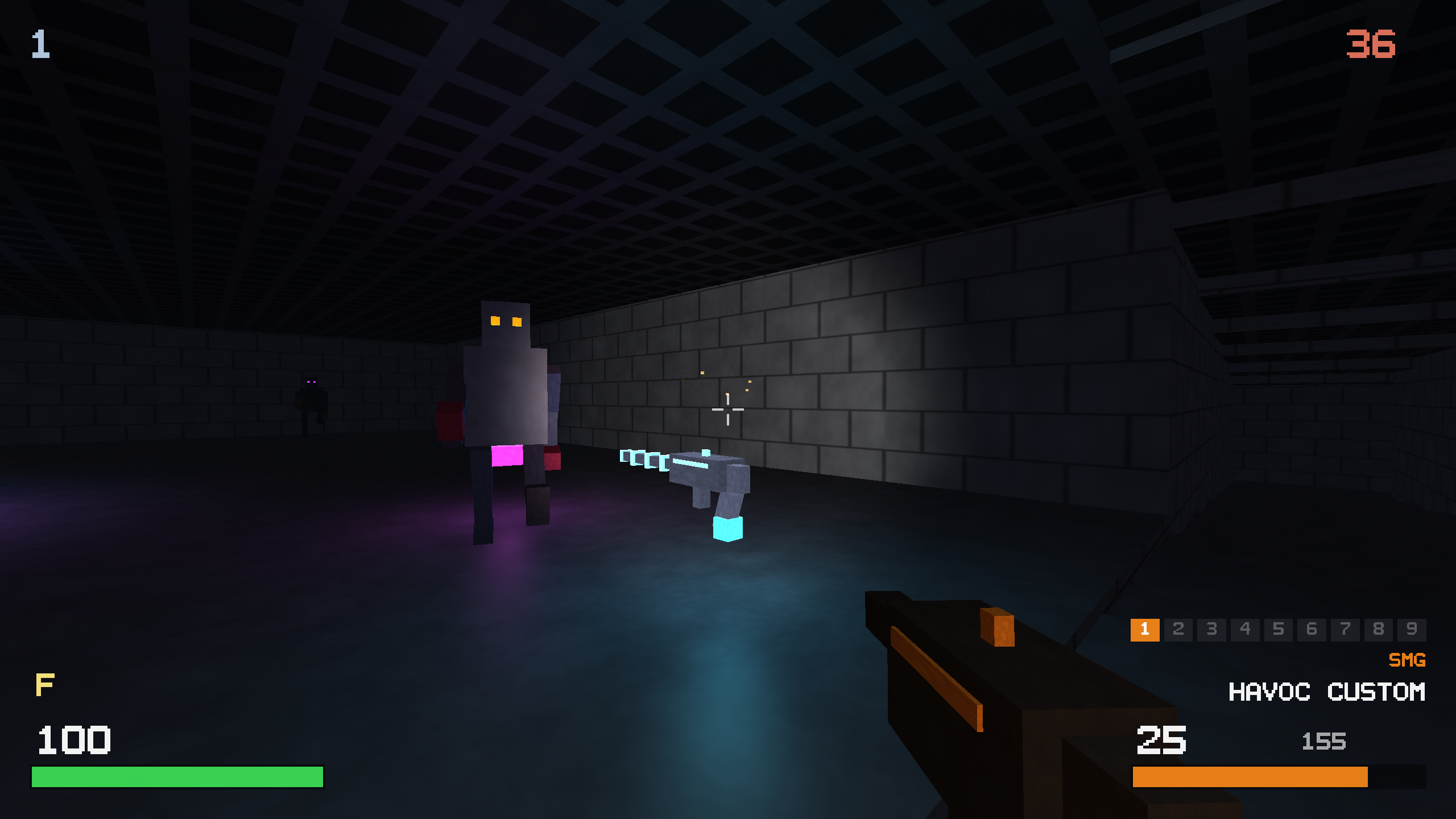A biped monster with orange eyes approaches; a pistol weapon pickup floats and glows cyan in the room.
