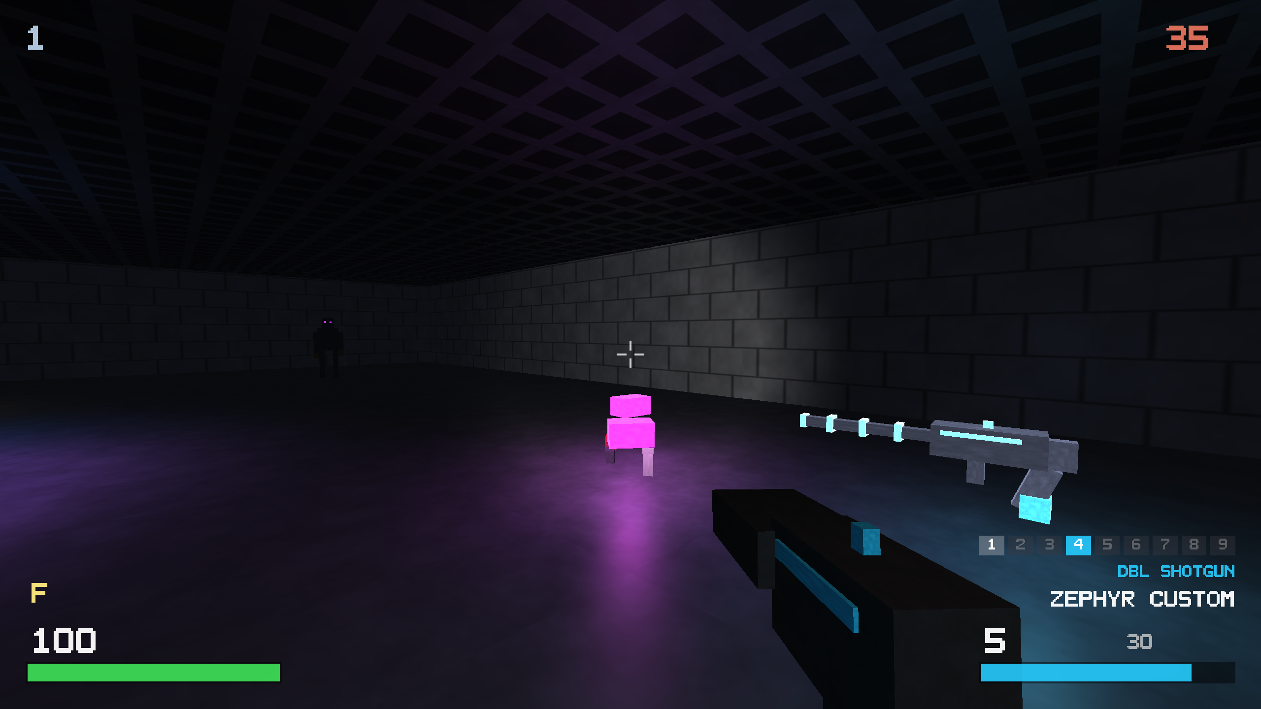First-person view holding the ZEPHYR CUSTOM double shotgun, slot 4 highlighted on the HUD.